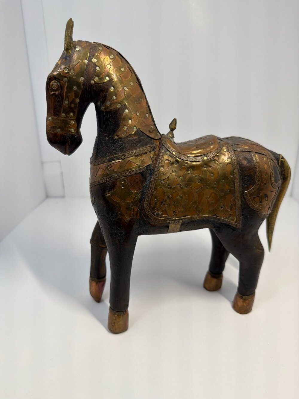 Vintage Hand Carved Wood Indian Horse Brass Copper 10" Marwari Rajasthami India